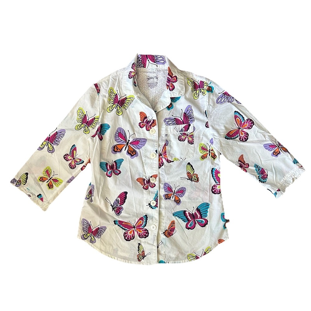 Nick & Nora Womens Pajama Top Butterfly Print Button Up Sleepwear Sz S Poplin